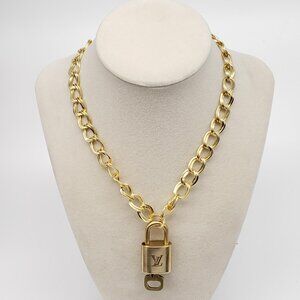 Authentic Louis Vuitton Gold Padlock w/ Unbranded Fashion Stainless Steel Chain